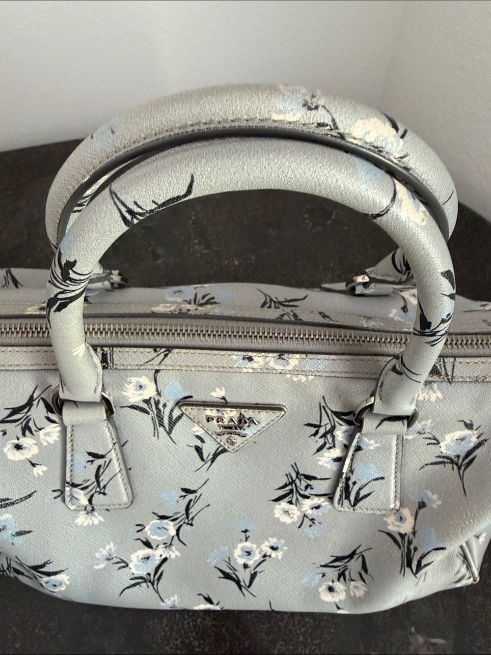 Prada Gray Floral Saffiano Leather Satchel with Strap - Pre-Loved - Picture 13 of 16